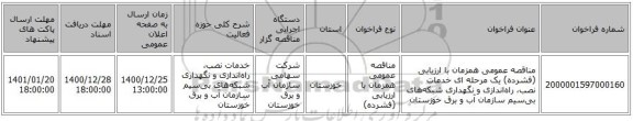 مناقصه عمومی همزمان با ارزیابی (فشرده) یک مرحله ای خدمات نصب، راه‌اندازی و نگهداری شبکه‌های بی‌سیم سازمان آب و برق خوزستان