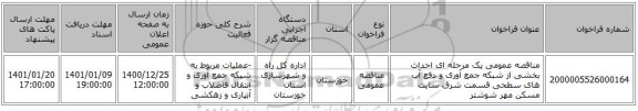 مناقصه عمومی یک مرحله ای احداث بخشی از شبکه جمع آوری و دفع آب های سطحی قسمت شرق سایت مسکن مهر شوشتر