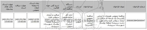 مناقصه عمومی همزمان با ارزیابی (فشرده) یک مرحله ای مراقبت و آبیاری  سنواتی طرح بیابانزدایی دشت سربیشه منطقه زولسک شهرستان سربیشه.  