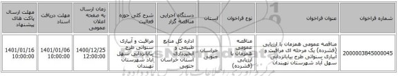 مناقصه عمومی همزمان با ارزیابی (فشرده) یک مرحله ای مراقبت و آبیاری  سنواتی طرح بیابانزدایی سهل آباد شهرستان نهبندان  