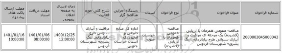 مناقصه عمومی همزمان با ارزیابی (فشرده) یک مرحله ای مراقبت و آبیاری  سنواتی طرح بیابانزدایی ریگ بشرویه شهرستان فردوس  