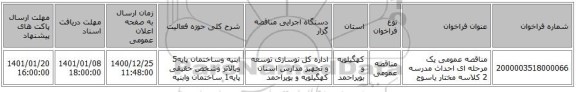مناقصه عمومی یک مرحله ای احداث مدرسه 2 کلاسه مختار یاسوج