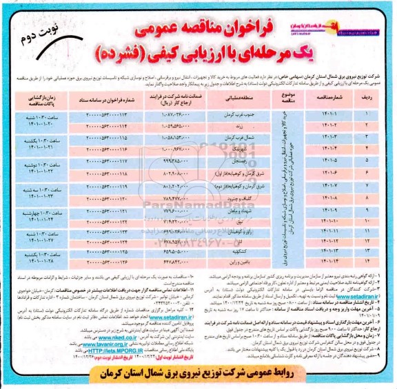 فراخوان مناقصه، مناقصه خرید کالا و تجهیزات، انتقال نیرو و برقرسانی، اصلاح و نوسازی شبکه و ...- نوبت دوم 