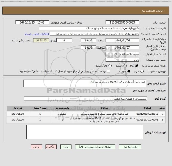 استعلام بابت خرید آسفالت و قیر Mc250 از حوزه سیستان