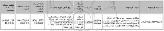 مناقصه عمومی دو مرحله ای اجرای عملیات ساماندهی، لایروبی و آزادسازی تصرفات رودخانه های استان زنجان(رودخانه های اولویت دار استان