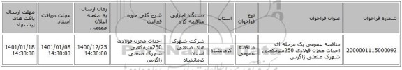 مناقصه عمومی یک مرحله ای احداث مخزن فولادی 250مترمکعبی شهرک صنعتی زاگرس