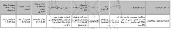 مناقصه عمومی یک مرحله ای احداث مخزن بتنی مدفون 2000مترمکعبی در شهرک صنعتی زاگرس