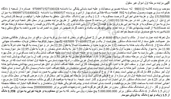 مزایده فروش ملک با شماره پلاک 4646 فرعی از 2 اصلی