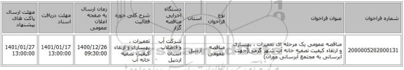مناقصه عمومی یک مرحله ای تعمیرات ، بهسازی و ارتقاء کیفیت تصفیه خانه آب شهر گرمی(جهت آبرسانی به مجتمع آبرسانی موران)