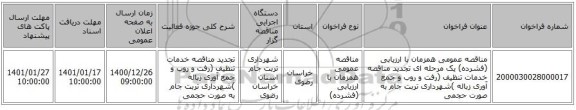 مناقصه عمومی همزمان با ارزیابی (فشرده) یک مرحله ای تجدید مناقصه خدمات تنظیف (رفت و روب و جمع آوری زباله )شهرداری تربت جام به صورت حجمی