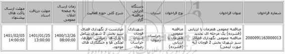 مناقصه عمومی همزمان با ارزیابی (فشرده) یک مرحله ای تجدید مناقصه عمومی نگهداری فضای سبز شهری بخش 2 قوچان (به صورت آیتمی)