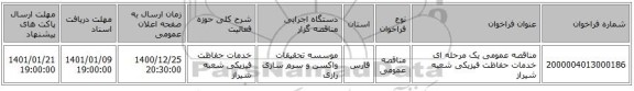 مناقصه عمومی یک مرحله ای خدمات حفاظت فیزیکی شعبه شیراز