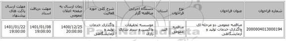 مناقصه عمومی دو مرحله ای واگذاری خدمات تولید و آزمایشگاهی 