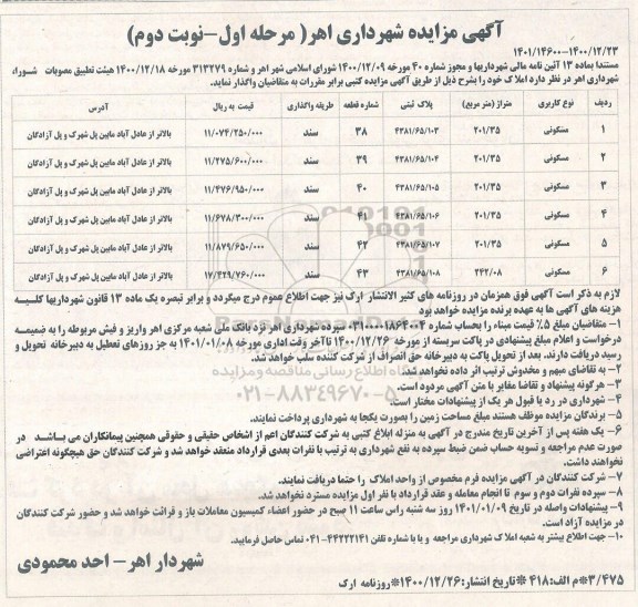 مزایده واگذاری املاک با کاربری مسکونی نوبت دوم