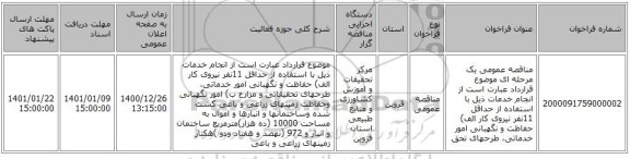 مناقصه عمومی یک مرحله ای موضوع قرارداد عبارت است از انجام خدمات ذیل با  استفاده از حداقل 11نفر نیروی کار  الف) حفاظت و نگهبانی امور خدماتی، طرحهای تحق