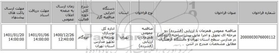 مناقصه عمومی همزمان با ارزیابی (فشرده) دو مرحله ای تحویل و اجرا عایق پیش ساخته (ایزوگام) در مدارس سطح استان تهران و دانشگاه فرهنگیان مطابق مشخصات مندرج در اسن