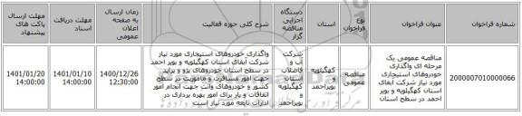 مناقصه عمومی یک مرحله ای واگذاری خودروهای استیجاری مورد نیاز شرکت آبفای استان کهگیلویه و بویر احمد در سطح استان 