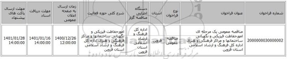 مناقصه عمومی یک مرحله ای امورحفاظت فیزیکی و نگهبانی ساختمانها و مراکز فرهنگی و هنری اداره کل فرهنگ و ارشاد اسلامی استان قزوین
