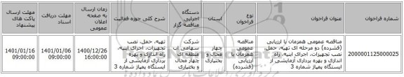 مناقصه عمومی همزمان با ارزیابی (فشرده) دو مرحله ای  تهیه، حمل، نصب تجهیزات، اجرای ابنیه، راه اندازی و بهره برداری آزمایشی از  ایستگاه پمپاژ شماره 3