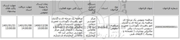مناقصه عمومی یک مرحله ای مناقصه یک مرحله ای و اگذاری امور راهبردی نگهداشت تعمیر و سرویس تاسیسات برقی مکانیکی مخابرات ( تلفنخانه و پیچنیگ ) گازهای طبی 