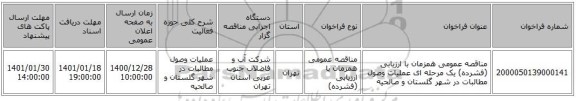 مناقصه عمومی همزمان با ارزیابی (فشرده) یک مرحله ای عملیات وصول مطالبات در شهر گلستان و صالحیه 