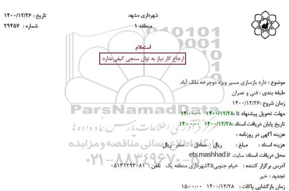 استعلام  بازسازی مسیر ویژه دوچرخه ملک آباد